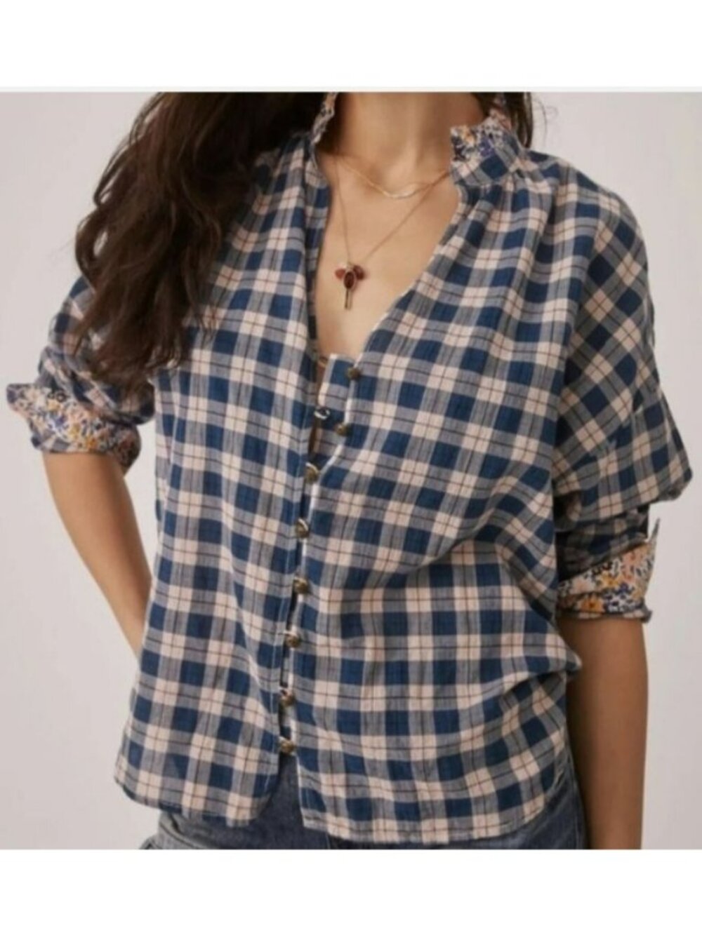 Pilcro Anthropologie Blue Plaid Button-Down Shirt Floral Collar Size L Preppy
